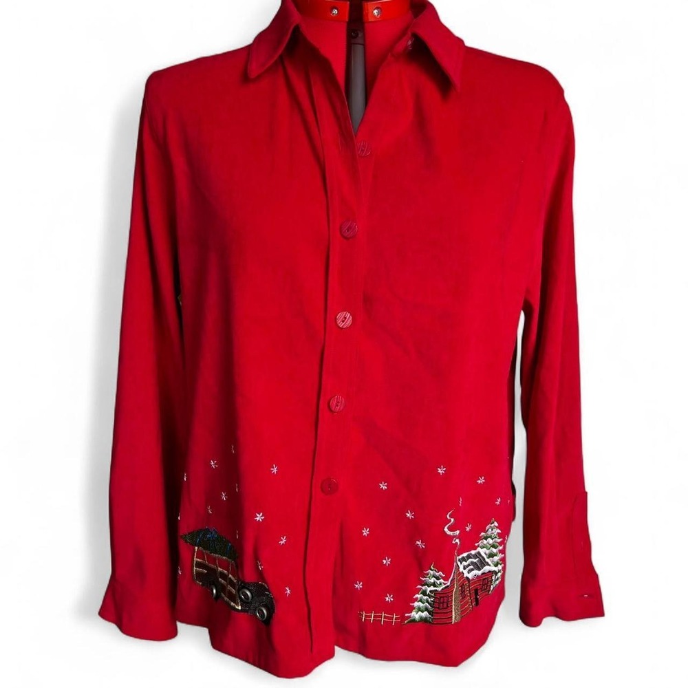 Vintage Southern Lady Red Collared Long Sleeves Shirt With Beautiful Embroidered